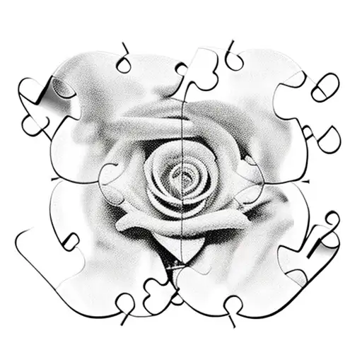 3 pezzi di puzzle 3d in bianco e nero, che vanno a coprire un buco, al cui interno si vede il pianeta terra a colori tattoo design idea