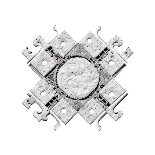 3 pezzi di puzzle 3d in bianco e nero, che vanno a coprire un buco, al cui interno si vede il pianeta terra a colori tattoo design idea