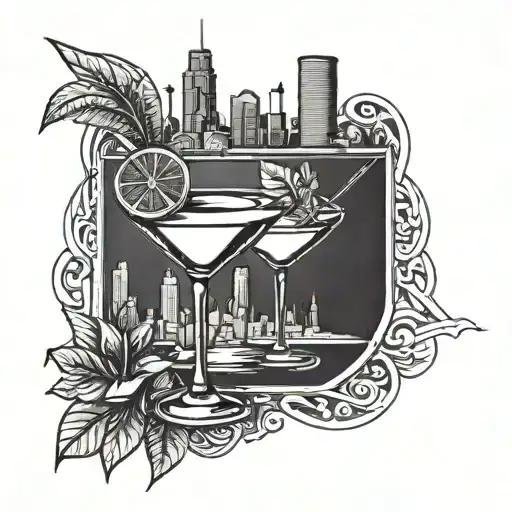 A stylized cocktail glass with a Los Angeles skyline inside it, symbolizing the client's love for alcohol and the city, in a blackwork style tattoo design idea