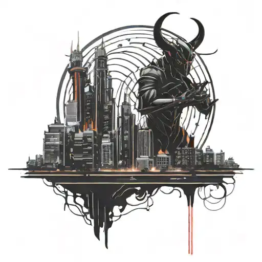 A futuristic neon cityscape with a hidden devil silhouette representing Lucifer, in a black-grey style tattoo design idea