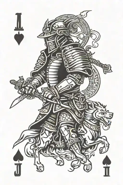 Jack of all trades playing card with a samuari and a knight in the center.  tattoo design idea
