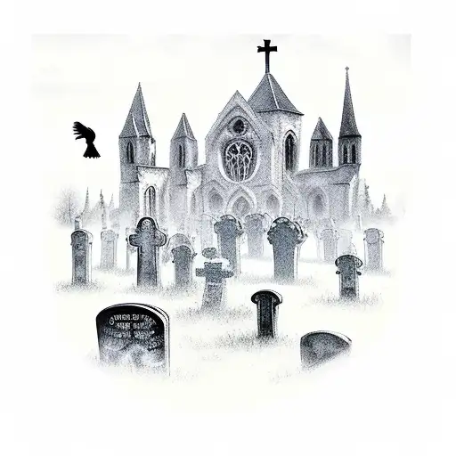 a spooky graveyard filled with crows with a cathedral and ghosts rising from tombstones tattoo design idea
