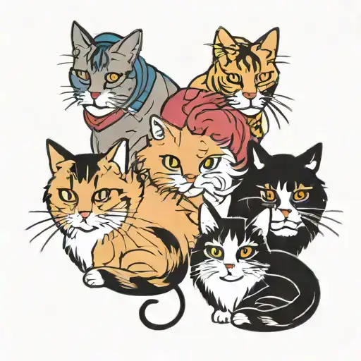 outline of 3 cats looking outwards. first cat is the biggest and fluffy. Second cat is a little smaller with short fur.  tattoo design idea