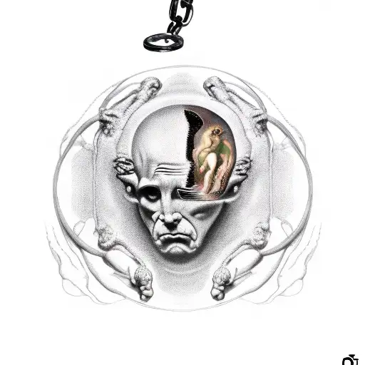 the creation of adam by michelangelo and o e hand is chained to a brain tattoo design idea