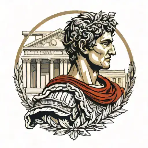 Emporer Augustus standing infront of a roman temple with a Laurel wreath  tattoo design idea
