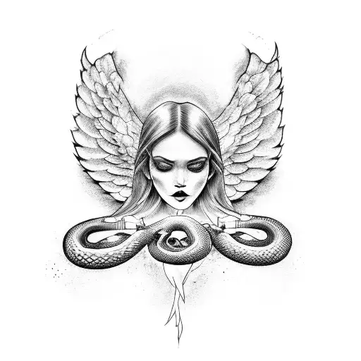 A fallen angel with a snake wrapped around its body tattoo design idea