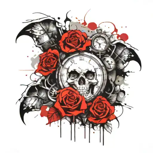skull with clock and rose tattoo design idea