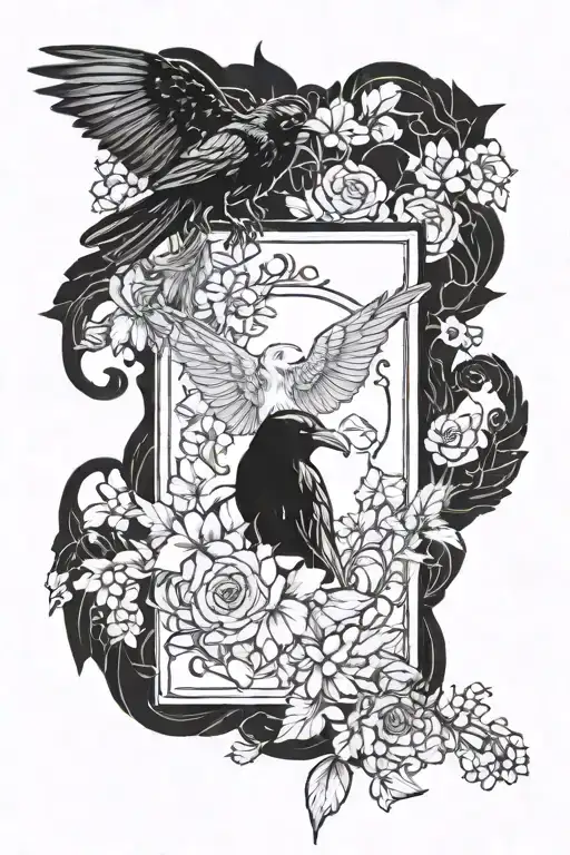 raven, death moth emerging floral frame book in hands tattoo design idea