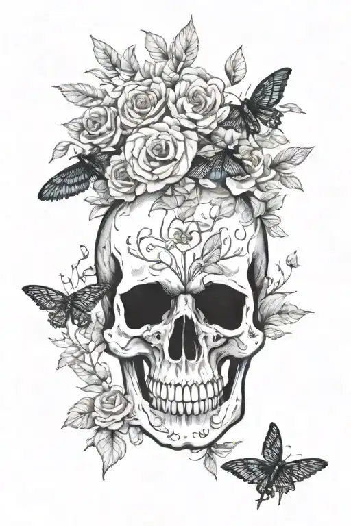skull, raven, death moth emerging floral frame book in hands tattoo design idea