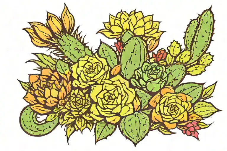 bouquet bow of succulents, cactus, desert flowers, arizona, colorful tattoo design idea