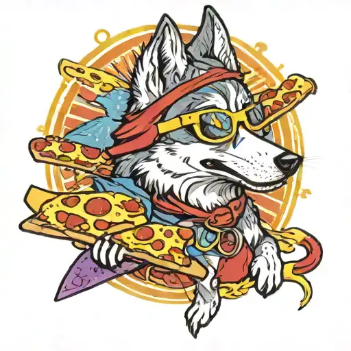 husky wearing sunglasses, riding slice of pepperoni pizza, River Canyon, primary colors tattoo design idea