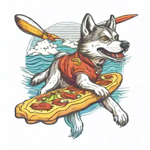 make the pizza surfboard sized, the old husky is riding the surfboard, river is in a canyon tattoo design idea