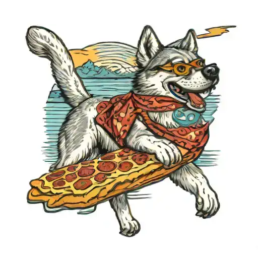 old husky riding a giant slice of pepperoni pizza down a river rapid in the southwest USA, dog has glasses and bandana tattoo design idea