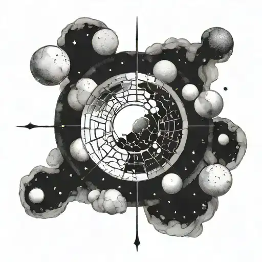 A cosmic representation of Tanrı surrounded by celestial bodies and stars tattoo design idea