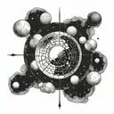 A cosmic representation of Tanrı surrounded by celestial bodies and stars tattoo design idea