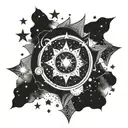 A cosmic representation of Tanrı surrounded by celestial bodies and stars tattoo design idea