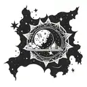A cosmic representation of Tanrı surrounded by celestial bodies and stars tattoo design idea