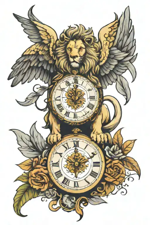 lion, clock, dove wings, Italian  tattoo design idea