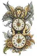 lion, clock, dove wings, Italian  tattoo design idea