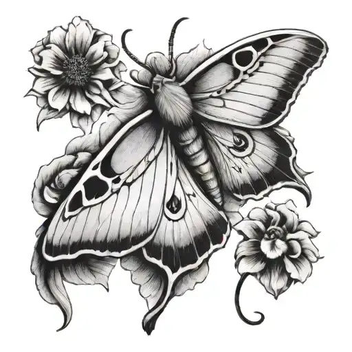 A luna moth resting on a dog's paw in a black-grey style tattoo design idea