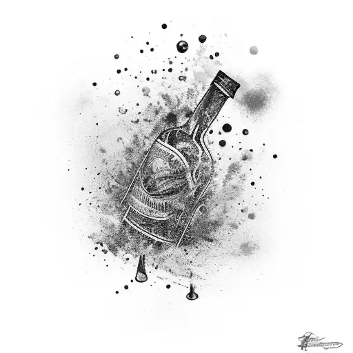 A bottle of alcohol pouring out colorful abstract shapes, illustrating the connection between alcohol and the chaotic thoughts in the mind tattoo design idea