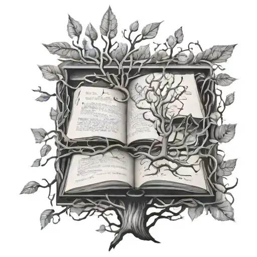 A tree of knowledge with branches made of open books, each representing a different fantasy world tattoo design idea