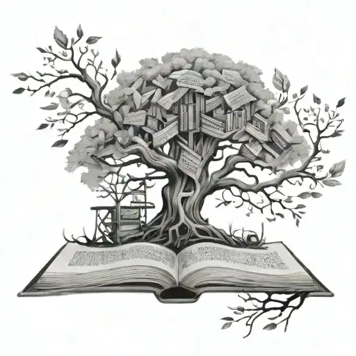 A tree of knowledge with branches made of open books, each representing a different fantasy world tattoo design idea