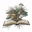 A tree of knowledge with branches made of open books, each representing a different fantasy world tattoo design idea