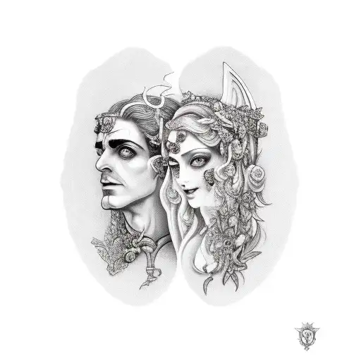 hades and persephone reaching for the pomegranet between them tattoo design idea