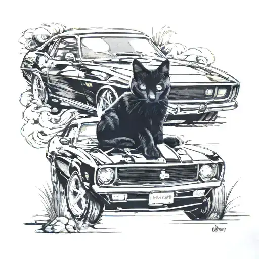 black cat sitting on a 5th gen black Camaro car tattoo design idea