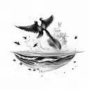 a broken feather falling into water with multiple birds coming from it  tattoo design idea
