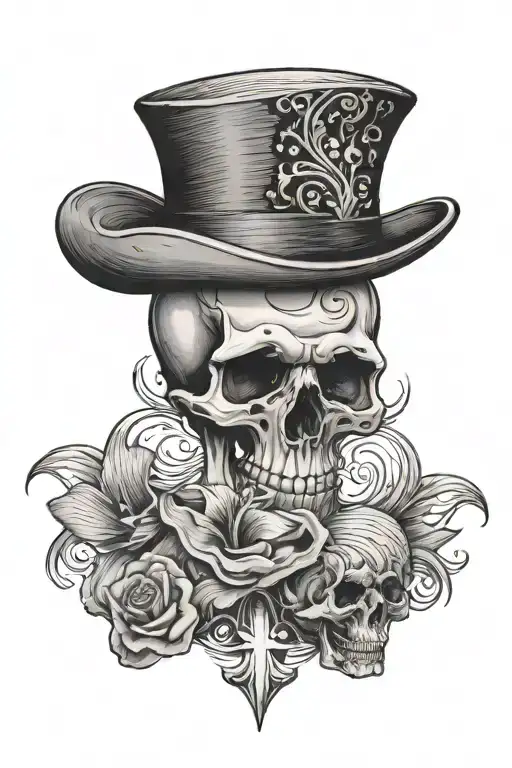 cross and shell with waves in the background, skull wearing a top hat  tattoo design idea