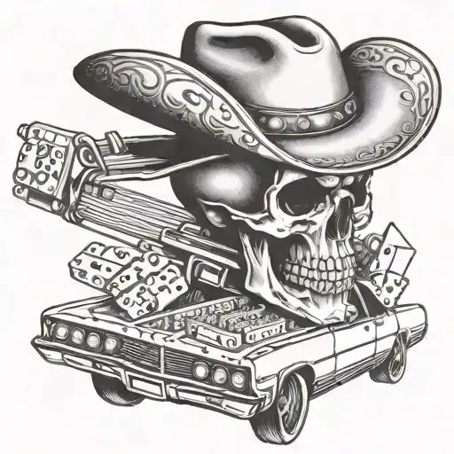 A skull wearing a cowboy hat playing dominoes on the back of a lowrider car tattoo design idea