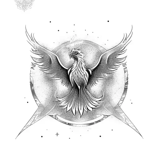 A phoenix in the style of dotwork, surrounded by magical elements from Hogwarts tattoo design idea