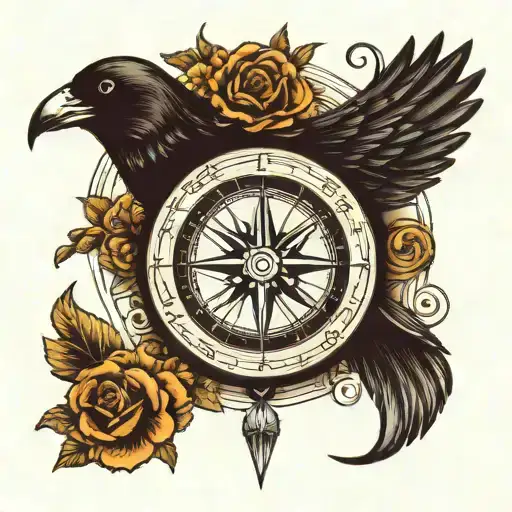 crow, compass, flowers tattoo design idea