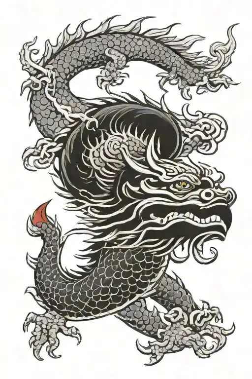 a dragon flying and agry holdin a Japanese mask made tattoo design idea