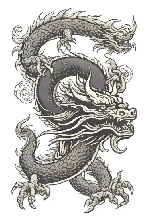 a dragon flying and agry holdin a Japanese mask split tattoo design idea