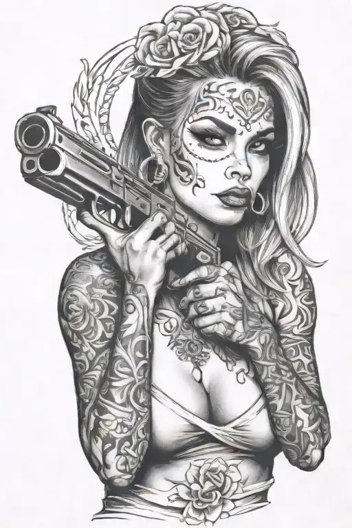 sexy woman with gangster tattoos in her face holding a gun tattoo design idea