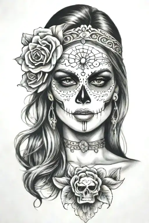 sexy woman candy skull face tattoo design idea