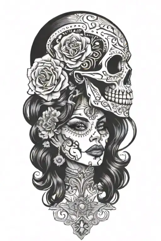 sexy woman with candy skull blowing smoke rings tattoo design idea
