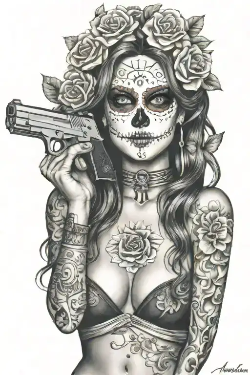 Day of the Dead sexy woman surrounded by cash guns and roses tattoo design idea