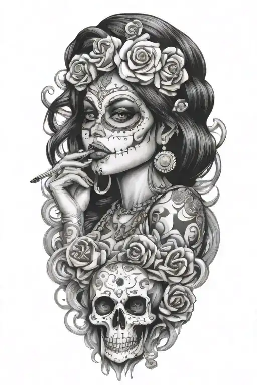 sexy woman with candy skull blowing smoke rings tattoo design idea