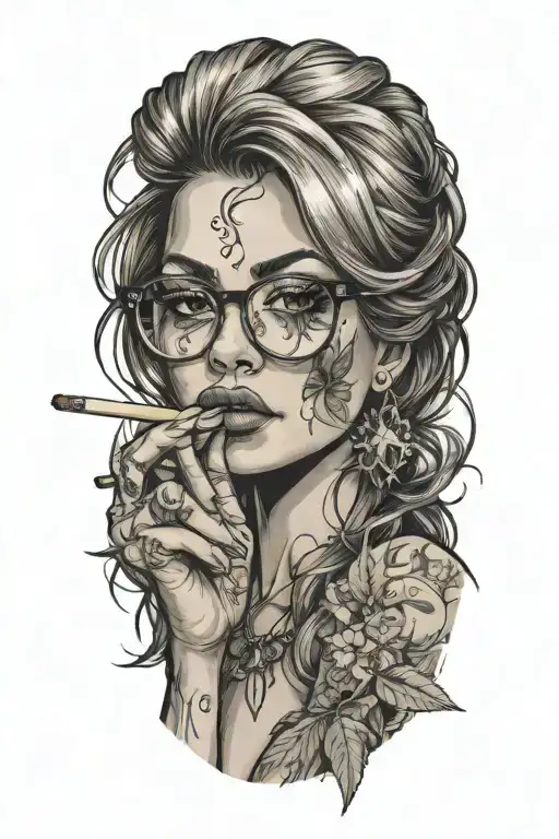 sexy woman with glasses smoking weed  tattoo design idea