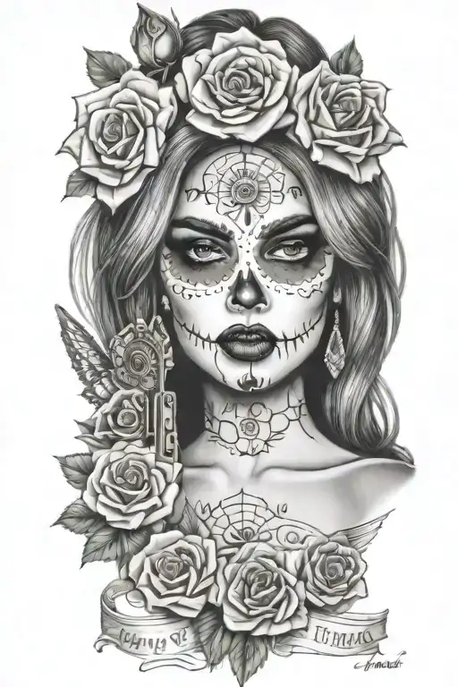 Day of the Dead sexy woman surrounded by cash guns and roses tattoo design idea