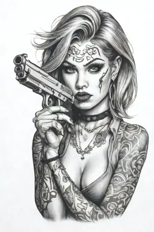 sexy woman with gangster tattoos in her face holding a gun tattoo design idea