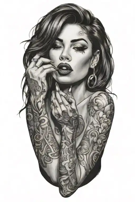 sexy woman licking on middle finger tattoo design idea