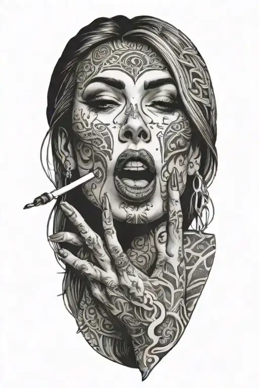 sexy woman licking on middle finger tattoo design idea