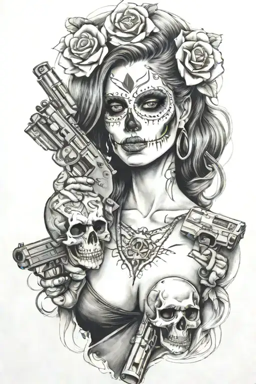 woman skull guns money drugs tattoo design idea