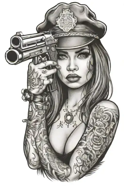sexy woman wit gangster tattoos in her face holding a gun tattoo design idea