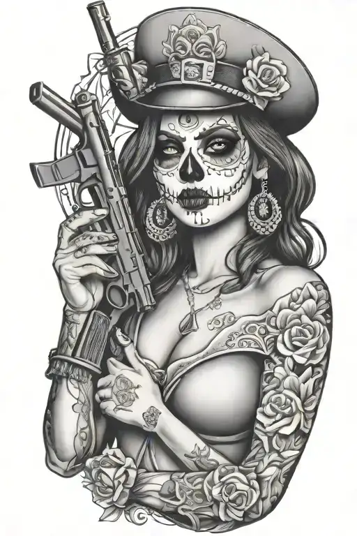 candy skull chicano gangster woman style sleeve tattoo holding a gun tattoo design idea